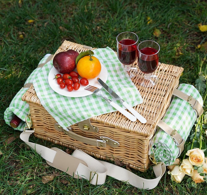 WILLOW WEAVE Picnic Basket for 2, Insulated Willow Picnic Baskets with Shoulder Strap, Picnic Hamper with Waterproof Picnic Blanket, Handmade Wicker Hamper for Outdoor Camping, Green Check - Image 5